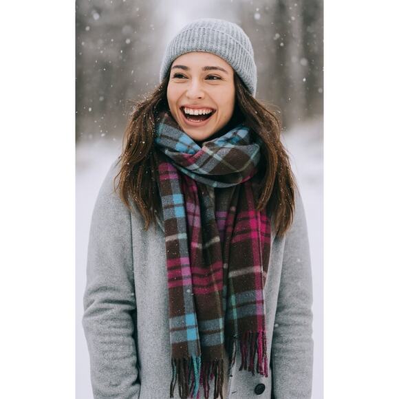 Kate Spade Plaid Fringe Scarf Lambswool Angora Blend Cozy Warm Winter Wrap - Picture 1 of 7